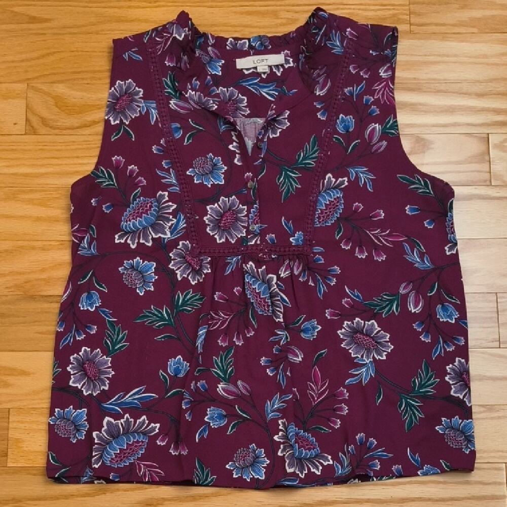 LOFT Women's Sleeveless Floral Blouse - Burgundy Size L GU